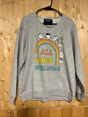 Peanuts Light Gray Crewneck Sweatshirt with Rainbow 'All Vibes Welcome'